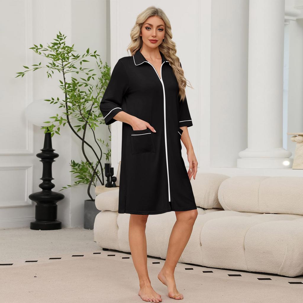 Women's Casual Zip-Up Robe 3/4 Sleeve Knee Length Lightweight Bathrobe with Pockets for Home Loungewear