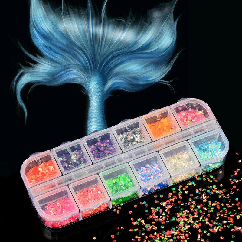 12 Colors Nail Art Glitter Sequins Holographic Mermaid 3D DIY Tip Decoration