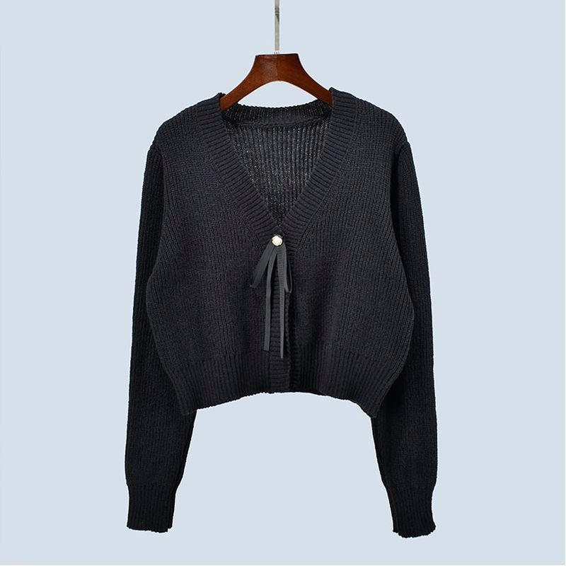 Fall V-neck Knitted Sweater Single Button Cardigan Outwear Pure Color Loose Short Long Sleeve Women's Clothing