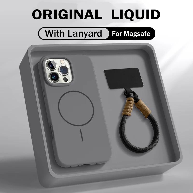 Official Liquid Silicone Lanyard Strap Rope Case For iPhone 17 16E 16 14 15 Plus 12 13 11 Pro Max Magsafe Magneitc Soft Cover