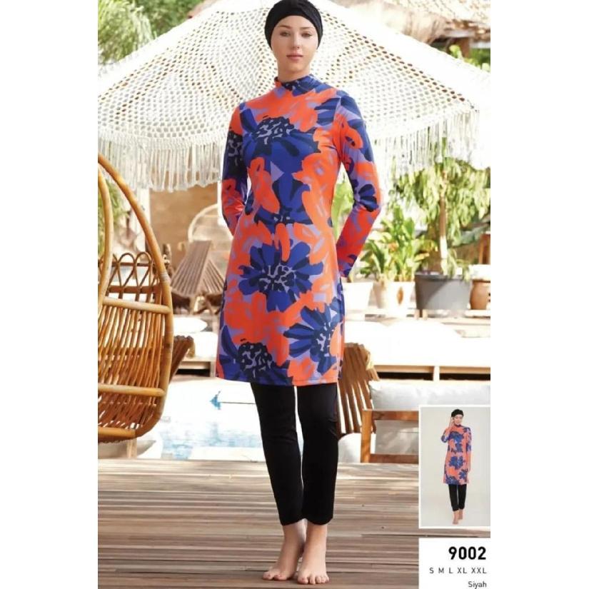 Todelt muslimsk dame beskjeden badedrakt med bladtrykk for sjøen, sett med badedrakt med full dekning, strandtøy, burkini badedraktsett, flerfarget valg (ikke hodeskjerf