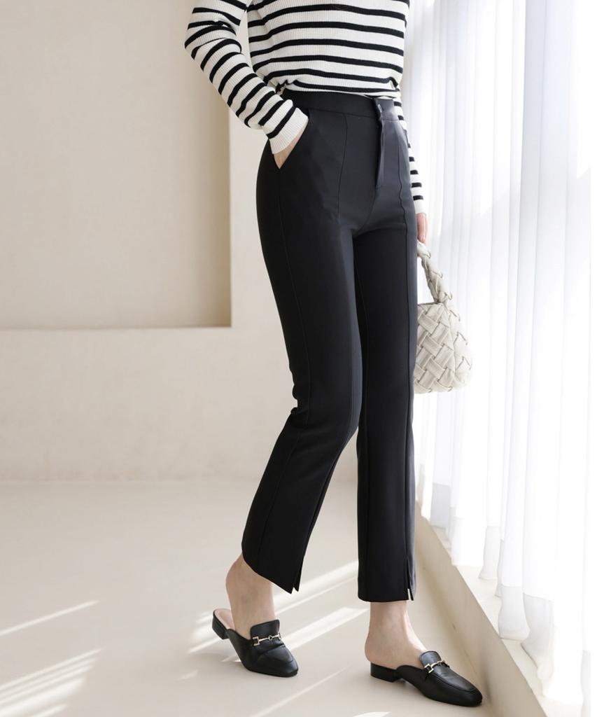 Ppaeppae Hidden Elastic Waist Spandex Slit Black Slacks
