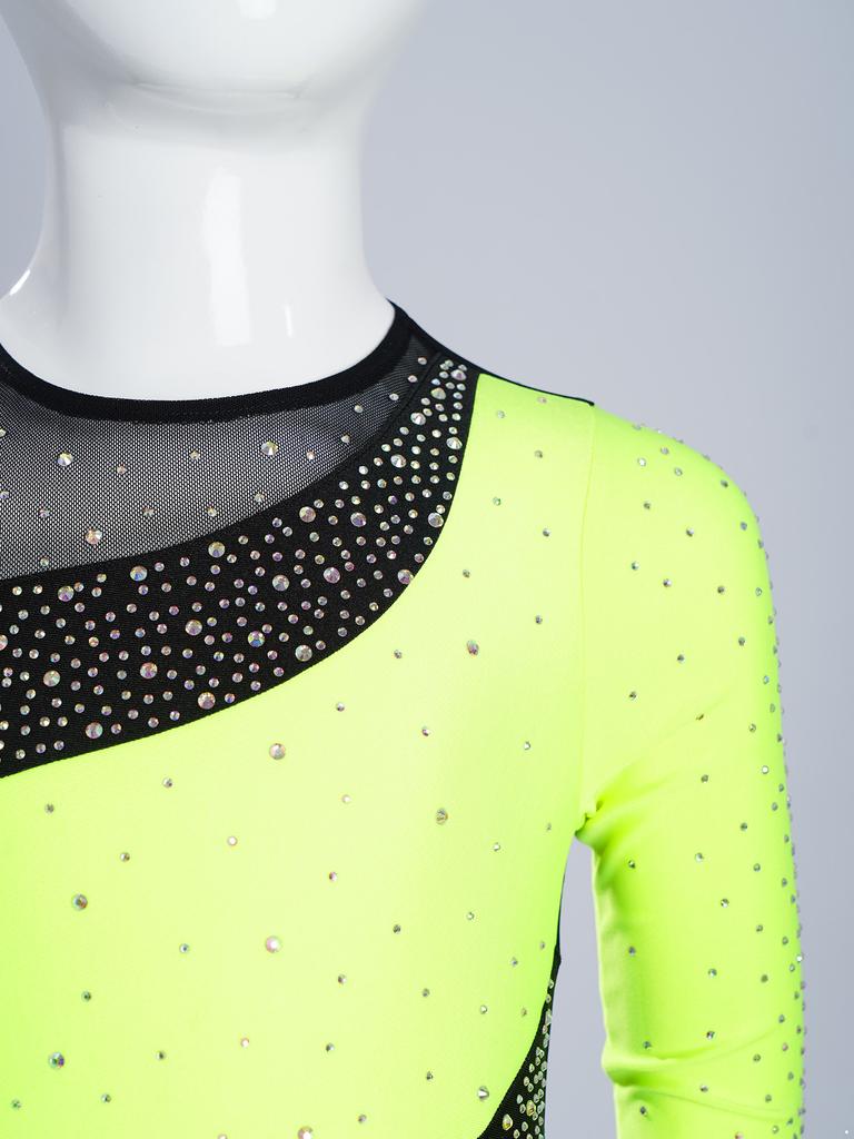 Girls Dance Gymnastics Bodysuit Dress Long Sleeve Sheer Mesh Patchwork Sparkling Rhinestones Color Block Leotard