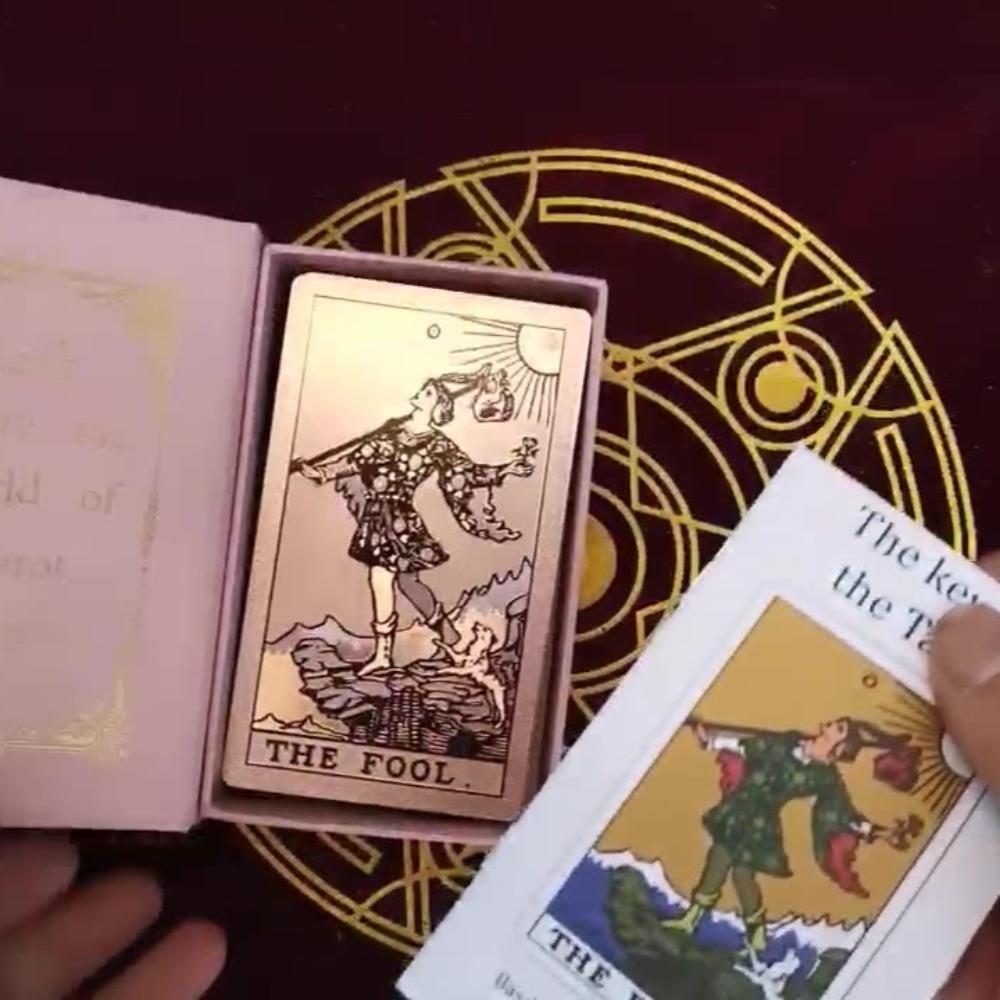 Hexagram Gold Foil Tarot Cards with Rose Pattern, 78 Cards Rider Tarot Deck 12*7cm, with Paper Instruction Guide
