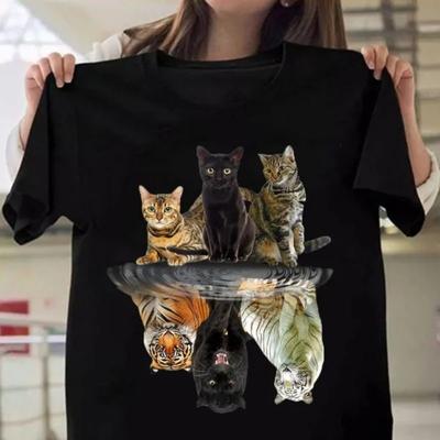 Summer 3D Digital Printed Three Cat Reflection Mesh Breathable Short Sleeve Hoodie Round Neck Loose T-Shirts Women’s