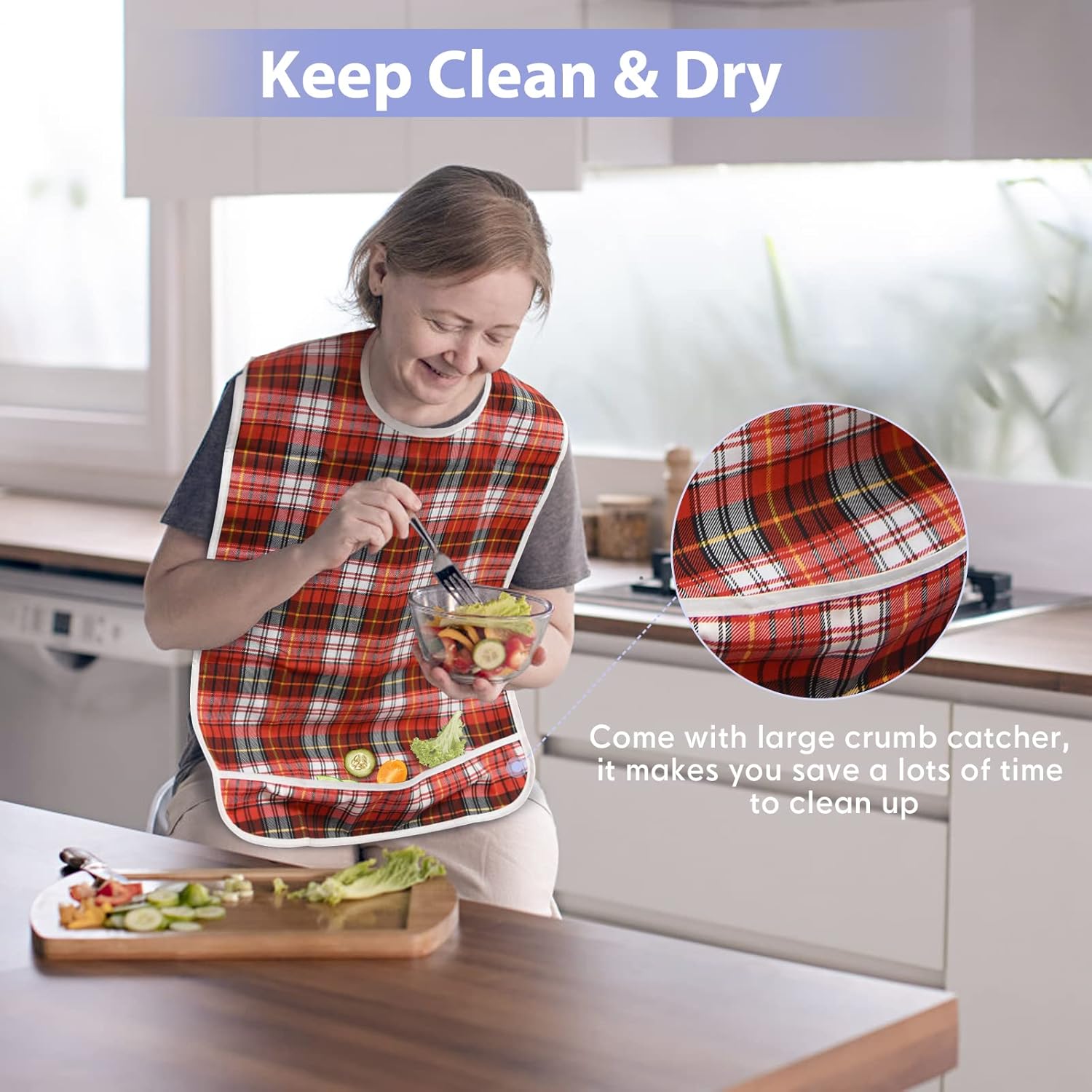 3Pcs Adult Bibs for Elderly, Men, Women, Reusable Adult Bibs for Eating, Washable Waterproof Mealtime Clothing Protectors with Crumb Catcher