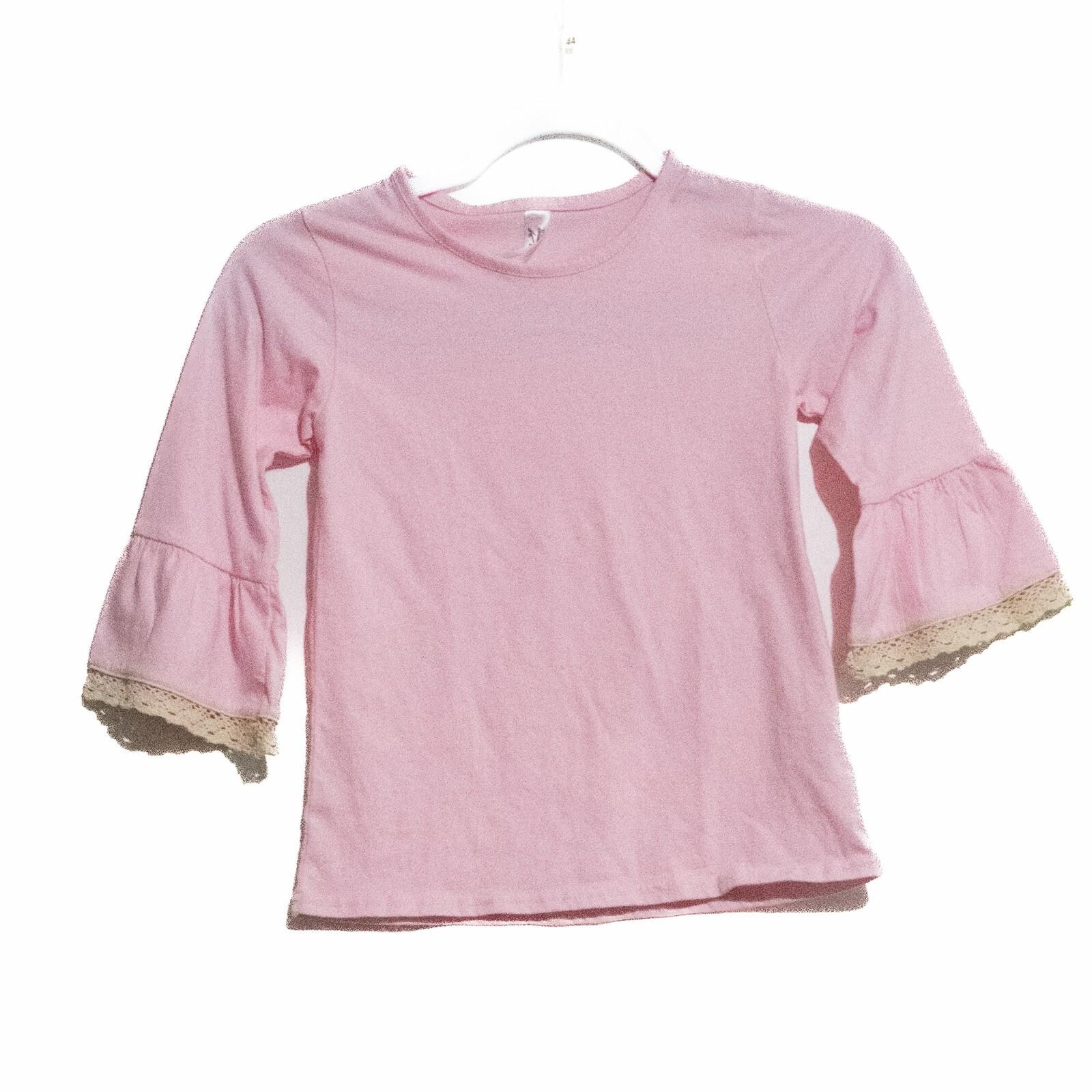 Royal Avalon Kid Girls Pink Cotton T Shirt Solid Round Neck Laced Bell Sleeve L L