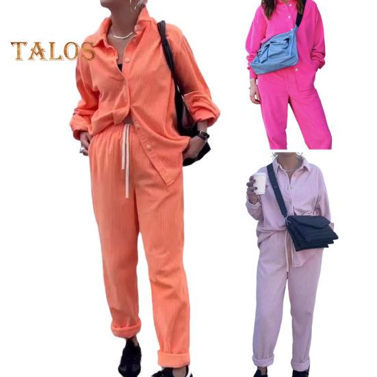 2 Pcs/Set Women Shirt Pants Set Turn-down Collar Single-breasted Long Sleeves Loose Top Drawstring Elastic Waist Wide Leg Trousers Sport Tracksuit