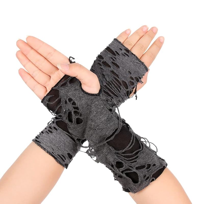 

[Qicarkey] ladies halloween punk hole long gloves gothic black fingerless gloves arm warmers beggar cosplay