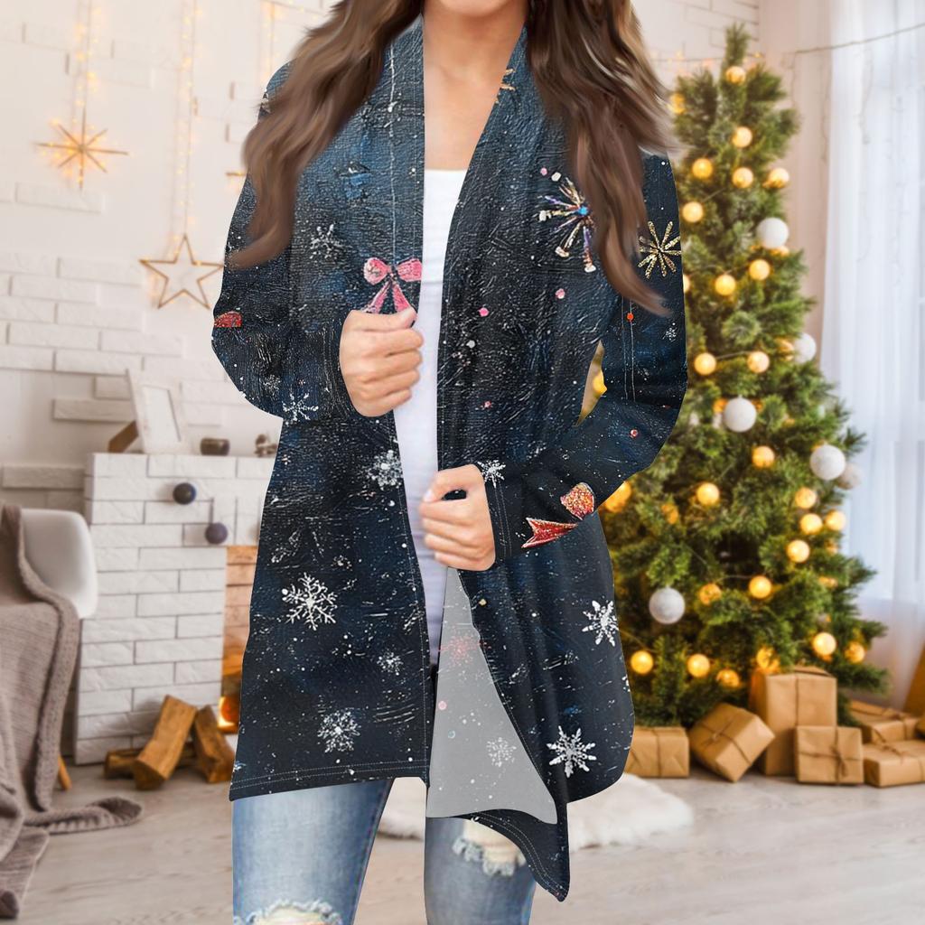 Women's Fashion Casual Christmas  Print Medium Length Cardigan Jacket Coat
