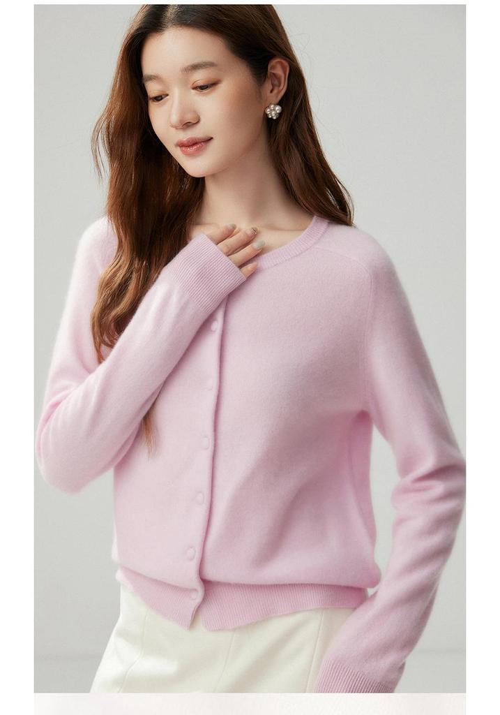 Women's Elegant Cashmere Cardigan - Round Neck, Saddle Shoulder, Versatile Single-Breasted Top for Autumn/Winter 2026