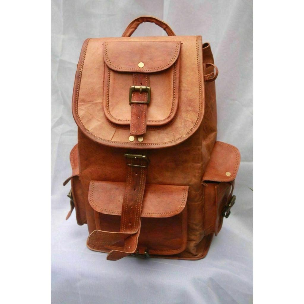Leather Large Men's Vintage Backpack Travel Rucksack Laptop Gym Bag Genuine Goat