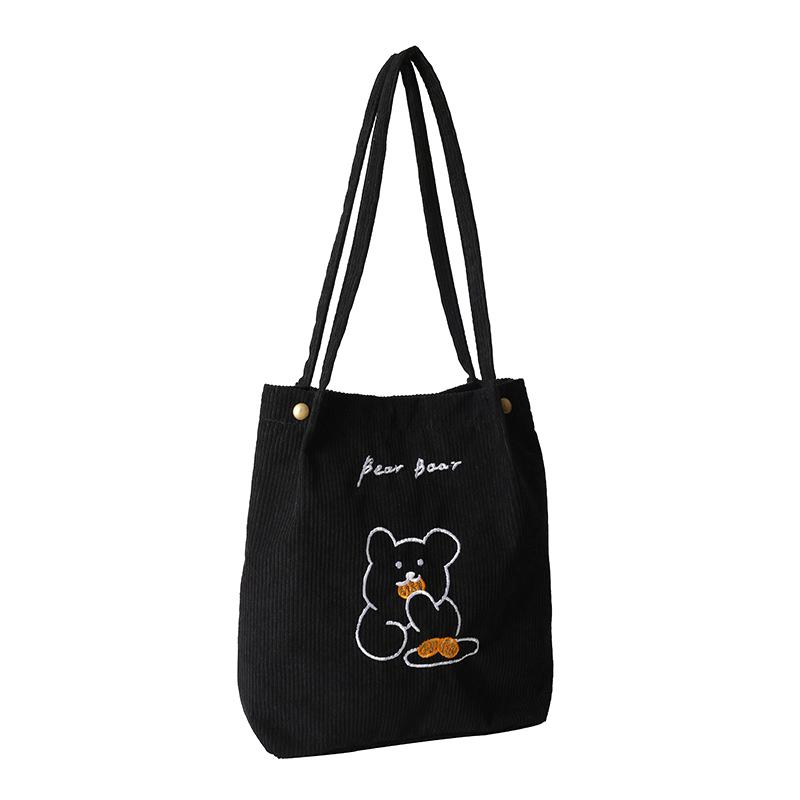Women Corduroy Shoulder Bags Bear Pattern Ladies Casual Handbag Reusable Large Capacity Tote Bags Casual Female Shopping Bags