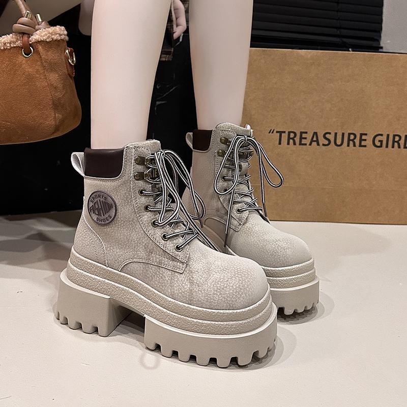 Fashion 9CM Women New Autumn Winter Leather Ankle Boots Chunky Heels Motorcycle Boots Woman Thick Bottom High Platform Short Booties