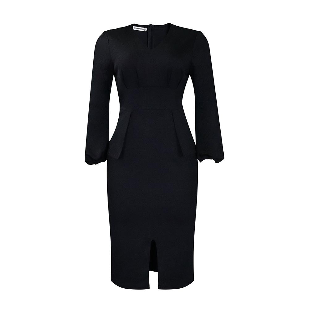 JKASHDK Women's Fashion Autumn Winter Solid Color Print Long Sleeve V-Neck High Waist Casual Cocktail & Evening Dresses