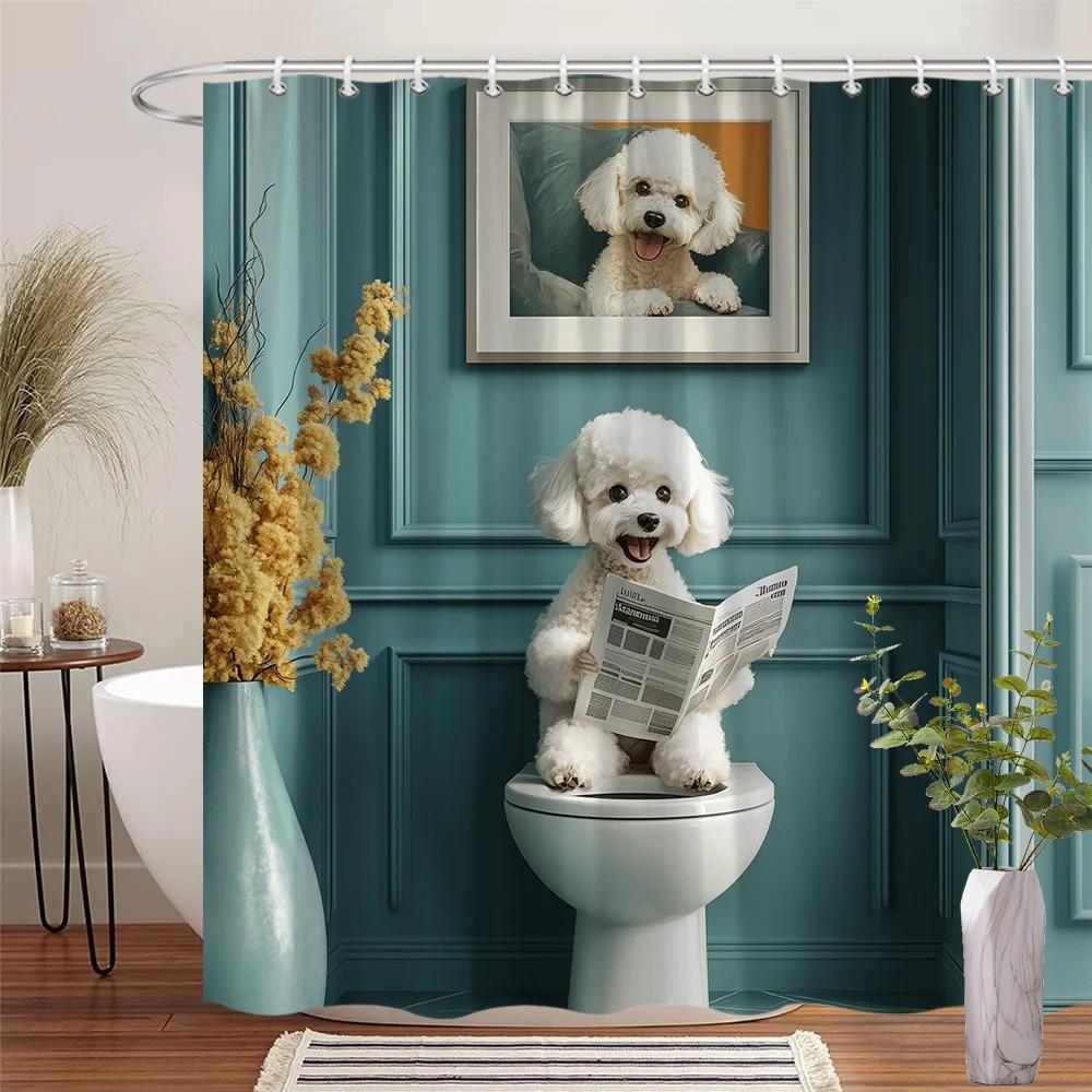 

Poodle Shower Curtain - White Dog Reads Newspaper, Modern Bath, Polyester, 12 Hooks, Machine Washable, Humorous Decor W90xH180cm