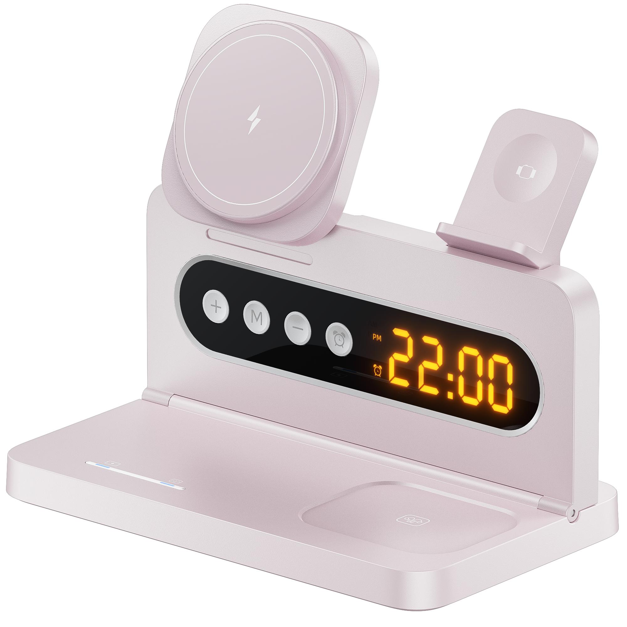 

5-in-1 Magnetic Wireless Charger with Phone Stand, Magnetic Wireless Watch Charger, Magnetic Wireless Earphone Charger, and Digital Alarm Clock рожевий