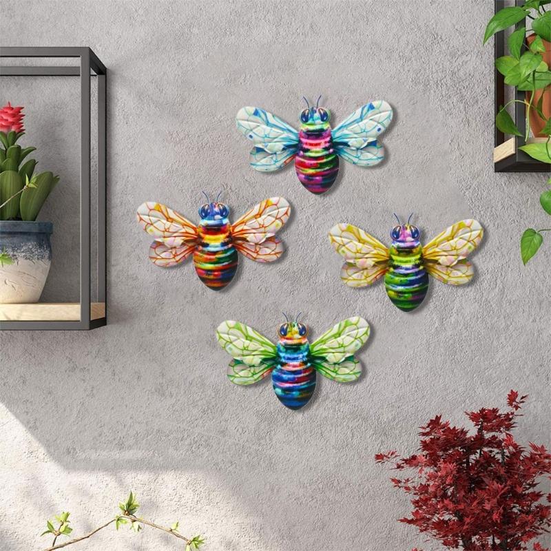 KX4B Eye Catching Metal Bees Ornament Colorful 3D Bees for Garden Yard Decoration (Set of 4)