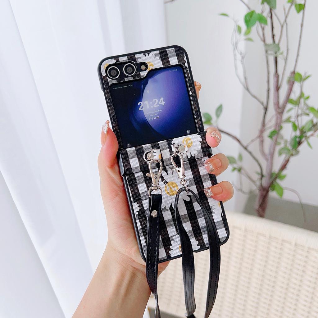 For Samsung Galaxy Z Flip7 FE 5G/Z Flip6 5G Flower and Grids Pattern PU Leather Coated PC Phone Cover with Crossbody Strap