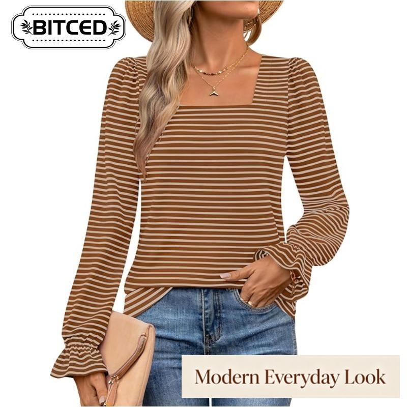 BITCED Women's Fashion Casual Long Sleeve Square Collar Blouses & Shirts