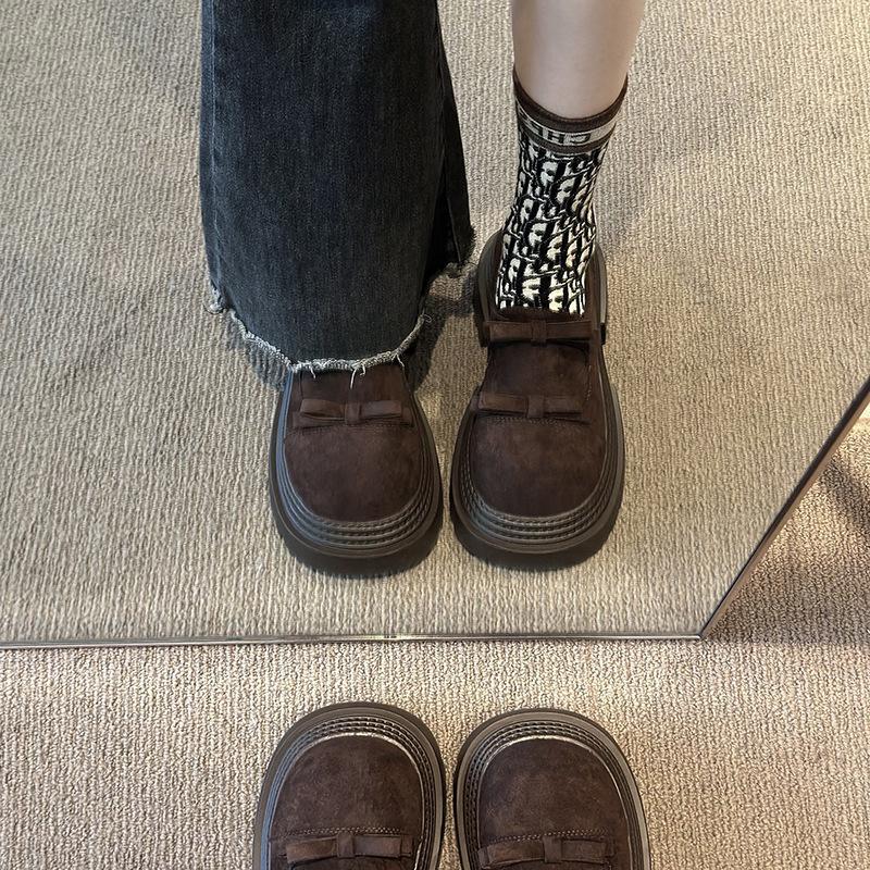 British style bow small leather shoes women's 2025 spring new platform loafers one-pedal black leather single shoes