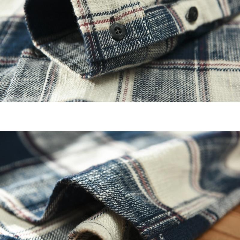 Japanischer Retro-Stil Karierte Langarmhemden Herren Frühling und Herbst Herren Freizeithemden Quadratische Tasche Reine Baumwolle Knopfhemd Tägliches lockeres Oberteil