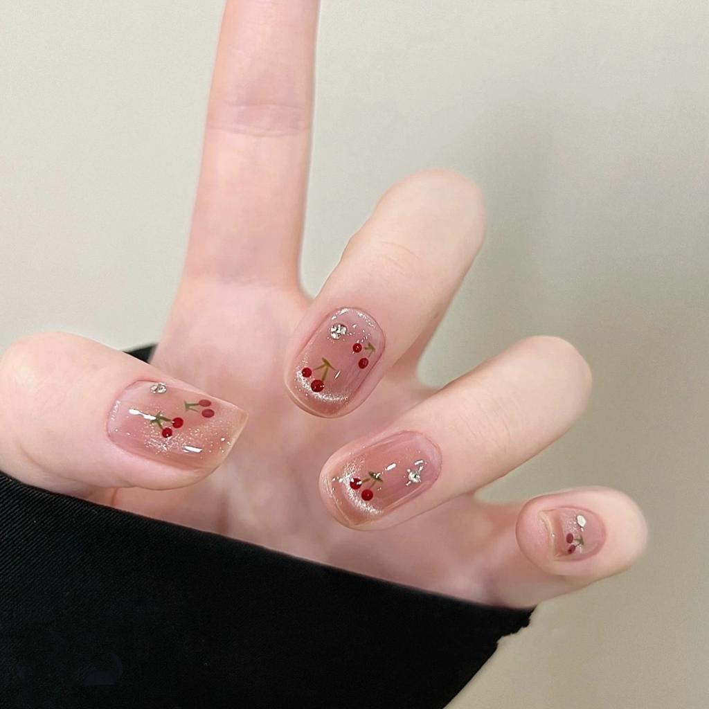 Spring and summer new cat's eye French cherry wearing armor white short cute three-dimensional cherry nail patch nail piece