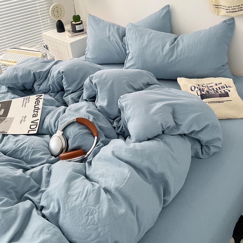 Solid Color Pure Cotton 4-Pcs Set Class A Maternal Infant Grade Naked Sleeping Sheets Quilt Cover Washed Cotton Bedding 3-Pcs Set