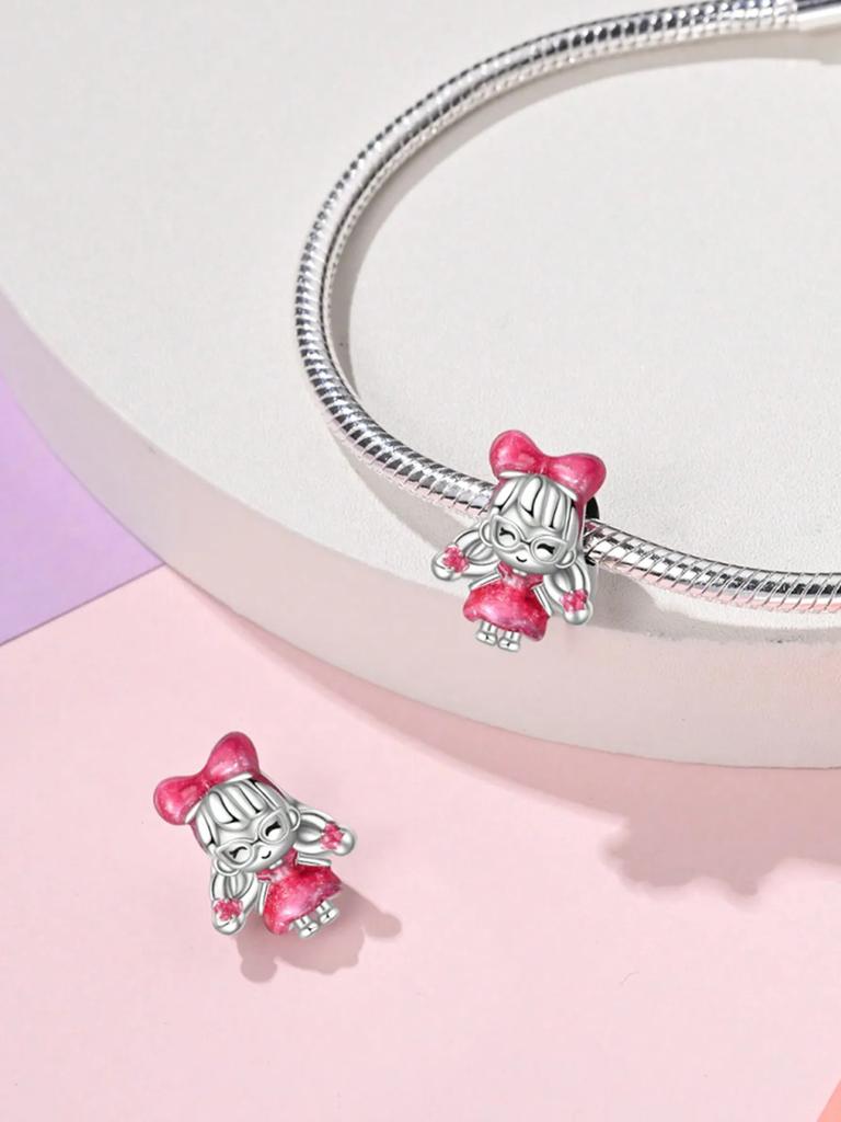 Charm Plata Copper Colors Pink Bow Heart Bead Charms Pendants For Genuine Bracelets For Women DoItYourself Jewellery Love Gifts