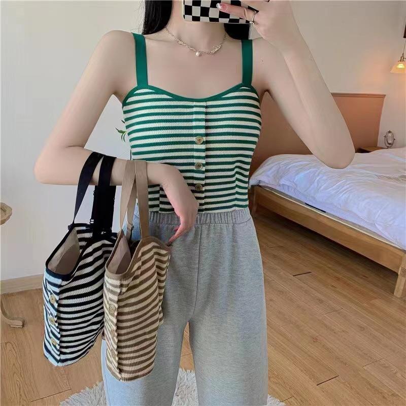 Fixed cup striped female slim slim inner top knitted one-piece with chest pad sling vest