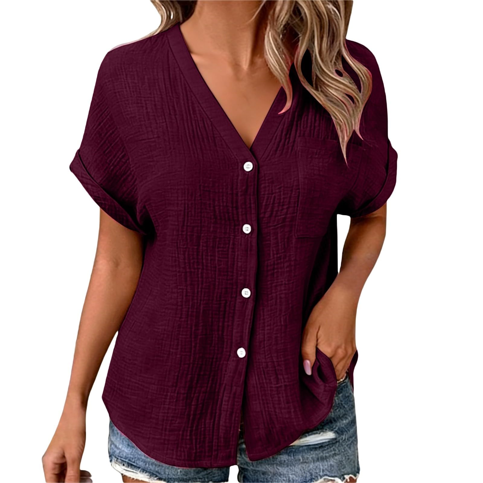 Women s Casual -Color Collared Bell-Sleeve Loose-Fit Button-Down Shirt S