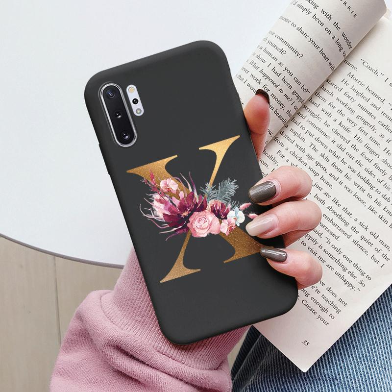 For Samsung Galaxy Note 10 Note10 Plus Case Flower Gold Letter A Z Shockproof Soft Silicone Phone Cover For Samsung Note 10+ Bag