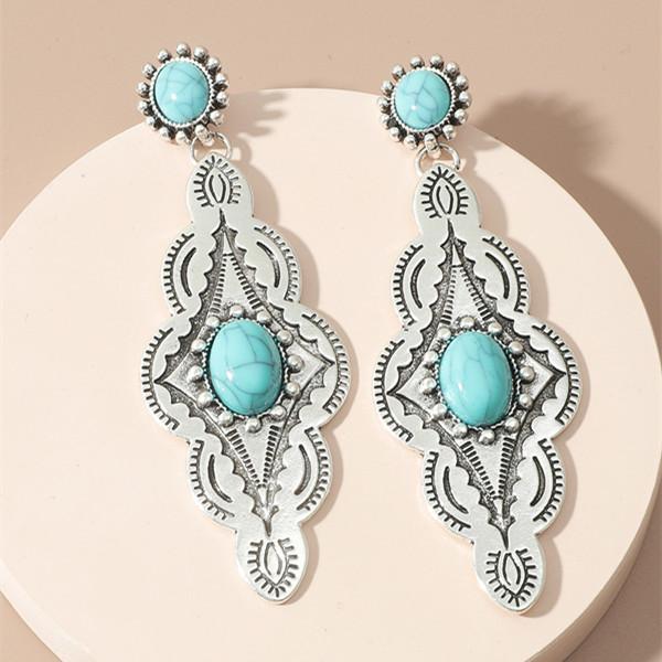 Ethnic Style Turquoise Long Earrings with Personalized Temperament and Exquisite Pattern Inlaid Earrings