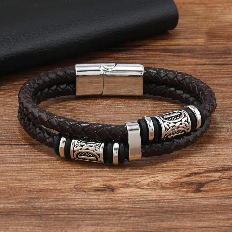 TEMU Xi Yin Ретро Скандинавский Викингский Браслет для Мужчин из Цинкового Сплава и Кожи кофейный