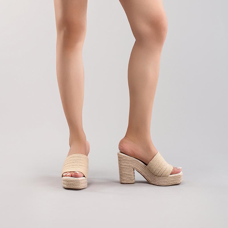 Women'S Hemp Rope Wedge Heel Thick-Soled Sandals, Woven Straw Rope One-Strap Summer Waterproof Platform High Heels
