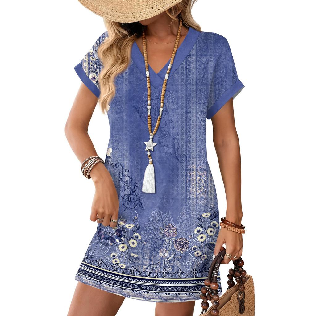Women's Fashion Print V-Neck Short Sleeve Pocket Casual Pullover Dress