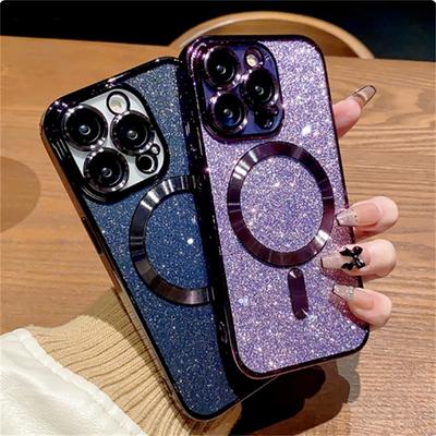 Elektrogeplateerd met lensbeschermer telefoonhoesje voor iPhone 15 14 13 12 11 Pro Max voor Magsafe draadloos opladen bumper glitter cover