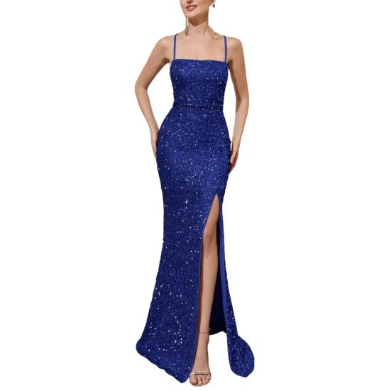 Women's Sparkly Sequin Long Formal Dress Square Neck Backless Split Mermaid Prom Dress Spaghetti Strap Evening Party Gown