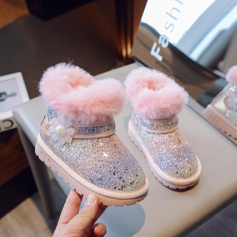 Children's Snow Boots New Winter Model for Girls, Thick Cotton Shoes with Fleece Lining, Baby Boots, Leather and Fur Integrated Cotton Boots,