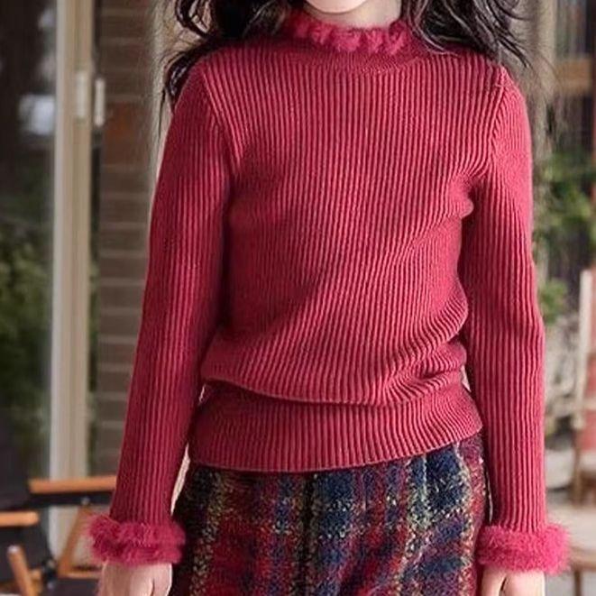 Girls Semi Turtleneck Fleece Lined Knit Sweater Ruffle Trim Thick Warm Pullover Top 90