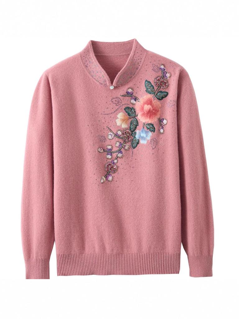 Elegant Embroidered Wool Qipao Collar Sweater for Autumn/Winter