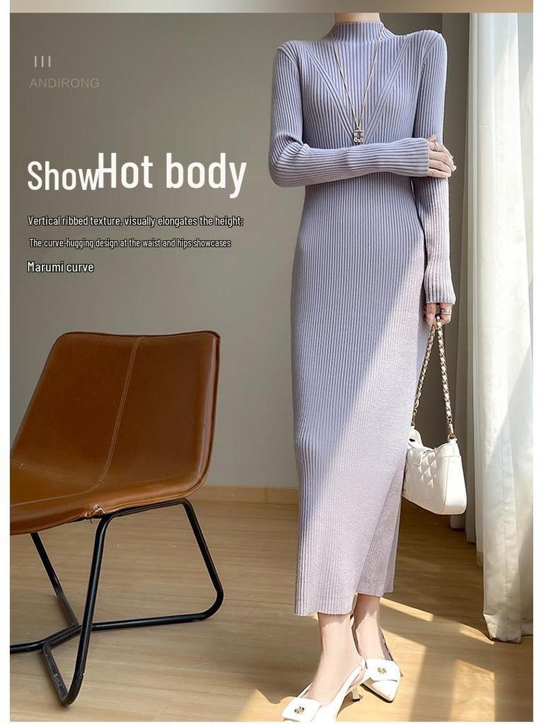 New Autumn/Winter Slimming Knit Dress for Women - Half-High Neck, Figure-Flattering, Long Length Bodycon Skirt
