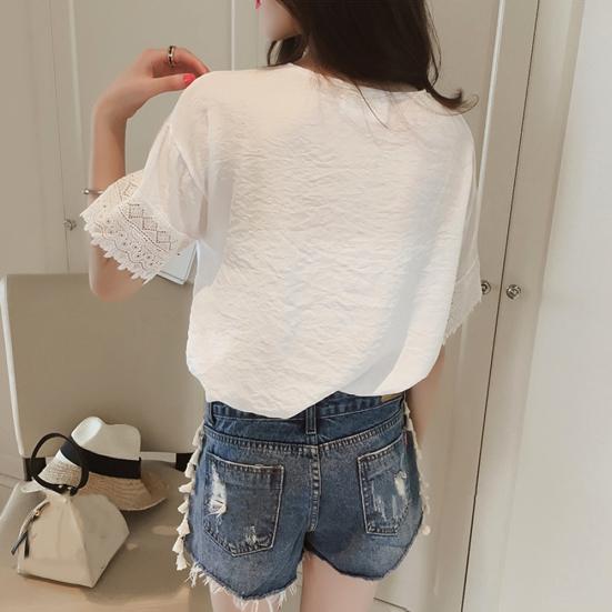 Casual Women Solid Color V Neck Short Sleeve Lace Loose Chiffon T-shirt Blouse
