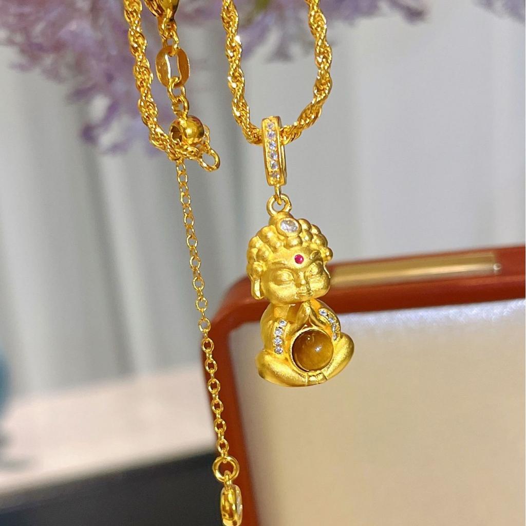 Ancient Frosted Tiger Eye Baby Buddha Necklace Braided Lotus Small Gold Buddha Pendant Necklace
