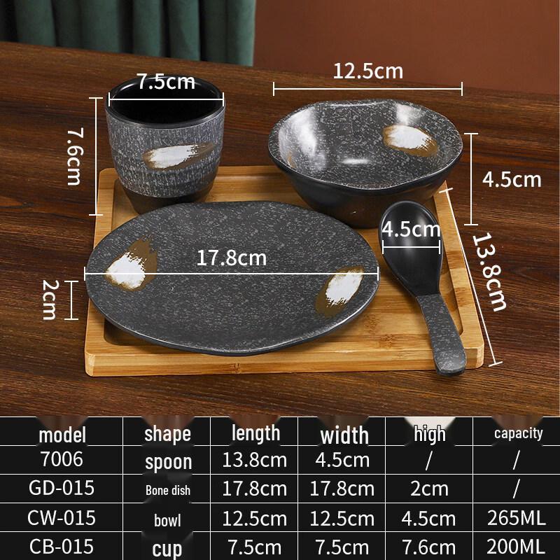 Ru Han Melamine Chinese Style Grey Feather 4-Piece Tableware Setting - 2 Sets