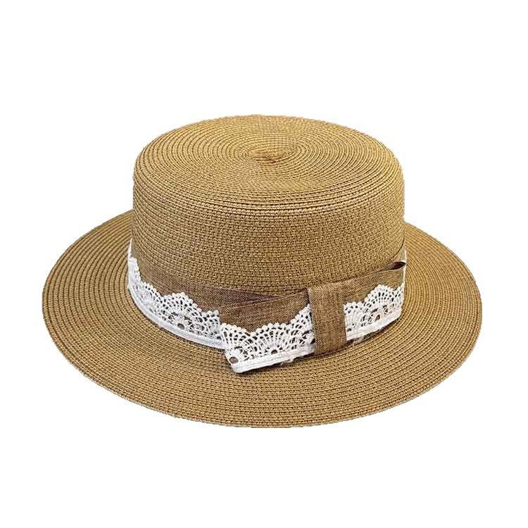 Summer French flat-top straw hat, lace bow, small edge sunscreen hat, fashionable retro seaside vacation sunshade hat