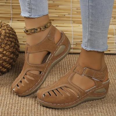 Womens Wedge Sandals 2024new Hook & Loop Designer Hollow Baotou Sandals Summer Versatile Solid Color Thick Sole Zapatillas Mujer