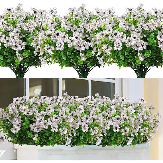 SOMYTING Artificial Azalea Flowers Outdoor 8 Bundles Fake Flowers Faux Plastic Eucalyptus Plants UV Resistant Silk Flower Shrubs for Garden Porch