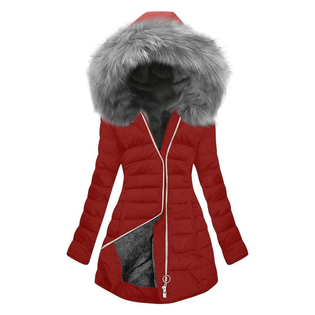 Women's Fashion Winter Solid Color Long Sleeved Hooded Long Zipper Cotton Jacket Warm Coat Down Jacket