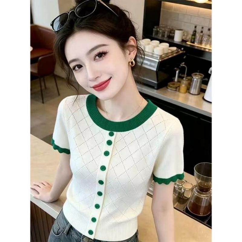 Knitted Top for Women In Summer, New Style, Front-opening Diamond-patterned, Open Wooden Ear Detail, Elegant Short-sleeved T-shirt Top